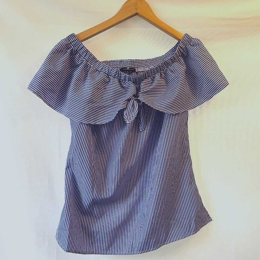 Staccato Off Shoulder Nautical Striped Top Blue White Small